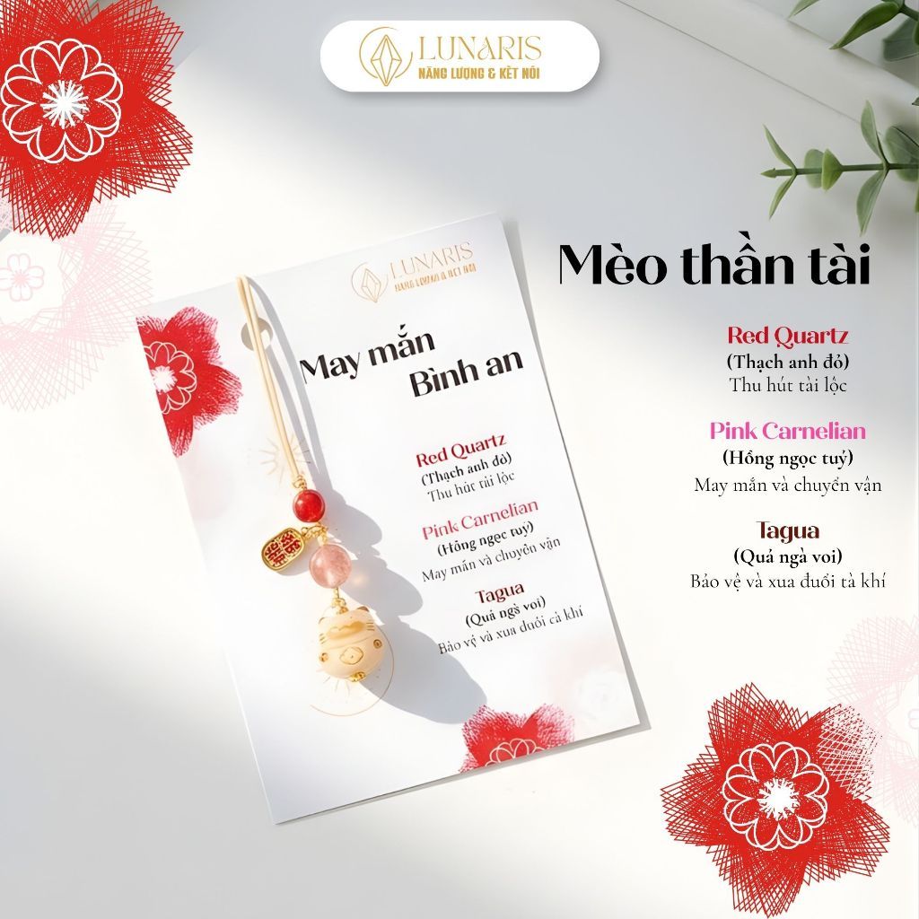 Dây Đeo Điện Thoại, Móc Khoá Đá Phong Thuỷ, Mèo Chiêu Tài Thu Hút May Mắn, Cầu Bình An